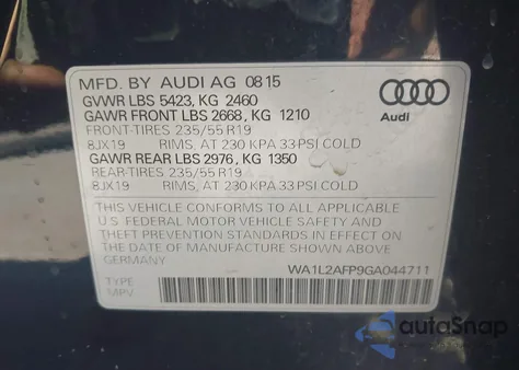 2016 Audi Q5 2.0T Premium z USA, uszkodzony, nr VIN WA1L2AFP9GA044711